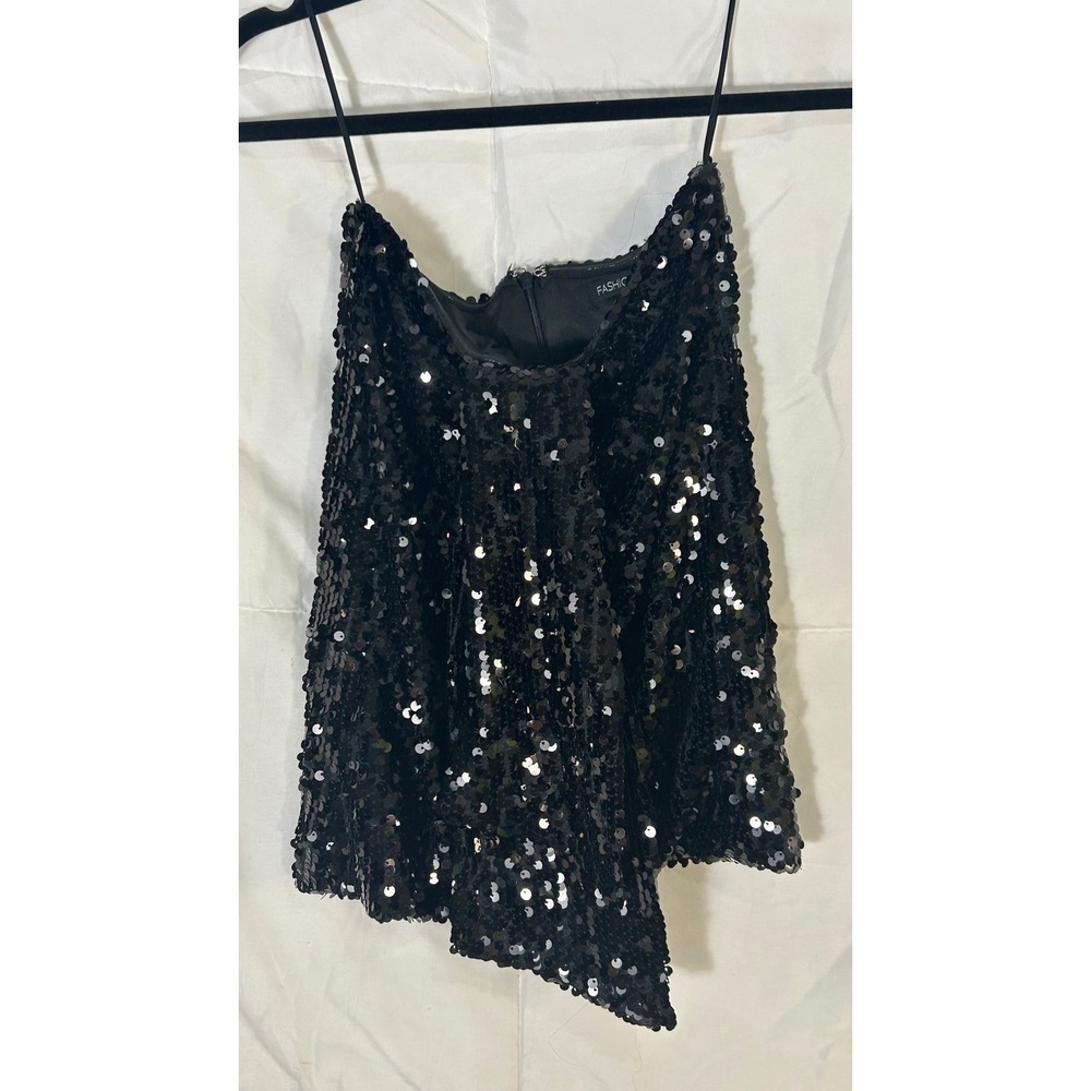 Fashion Nova Black Sequin Asymmetrical Hem Cami Top Spaghetti Strap Size S
